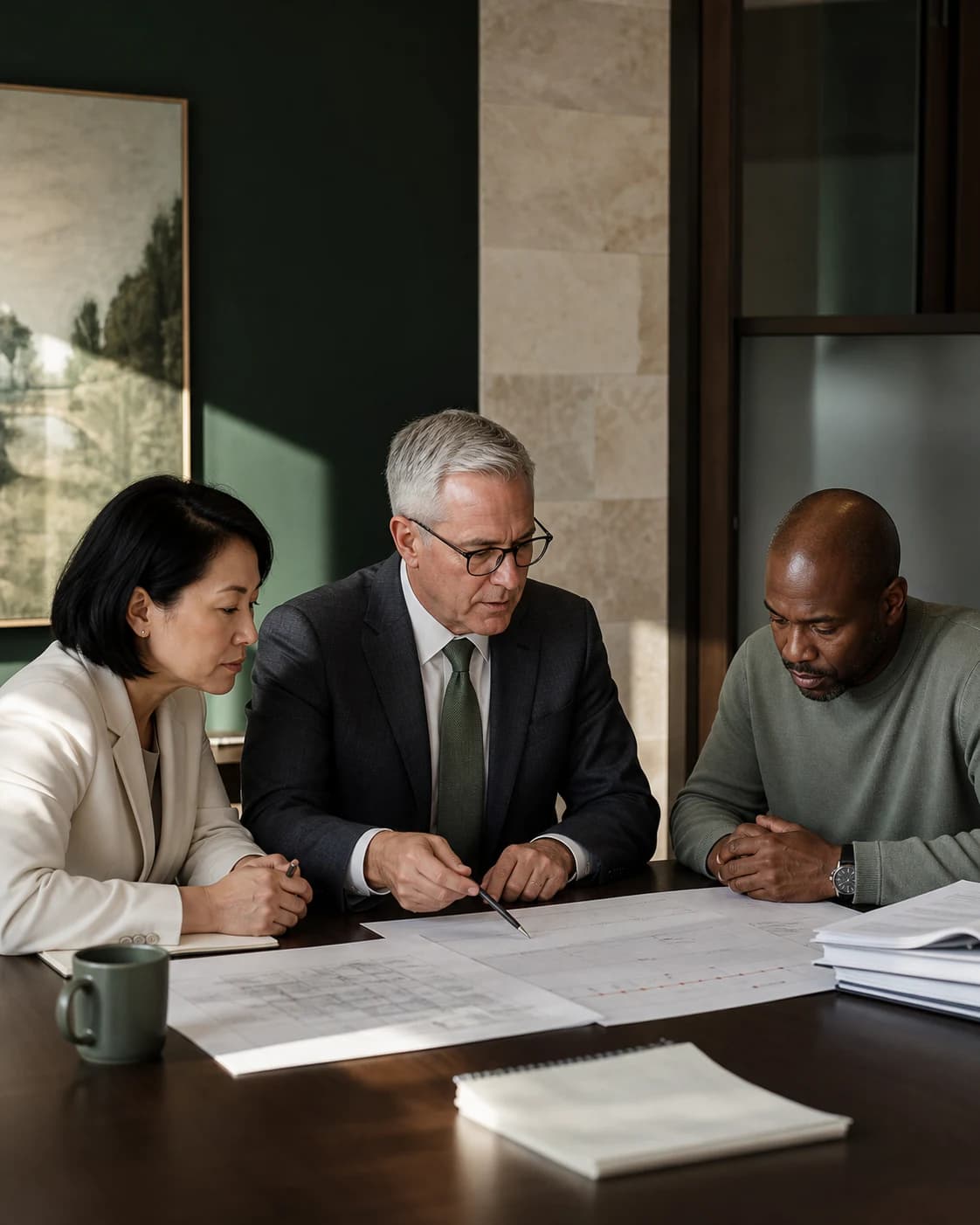 A disputes lawyer and clients reviewing plans and an evidence chronology