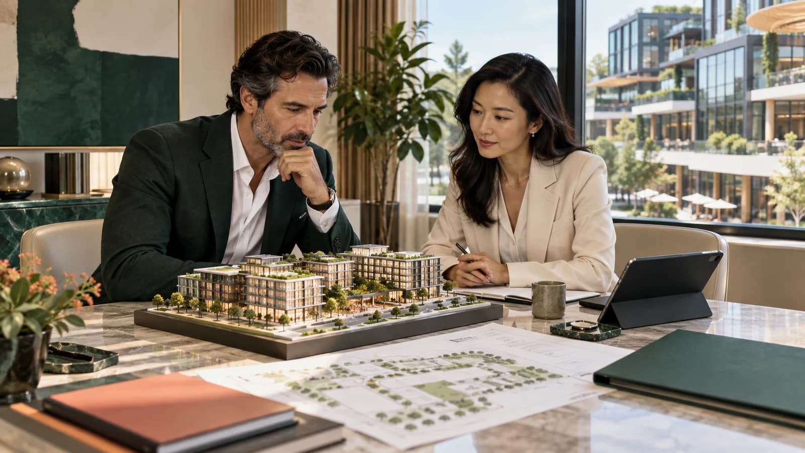 A property buyer and legal adviser reviewing a mixed-use development model and plans