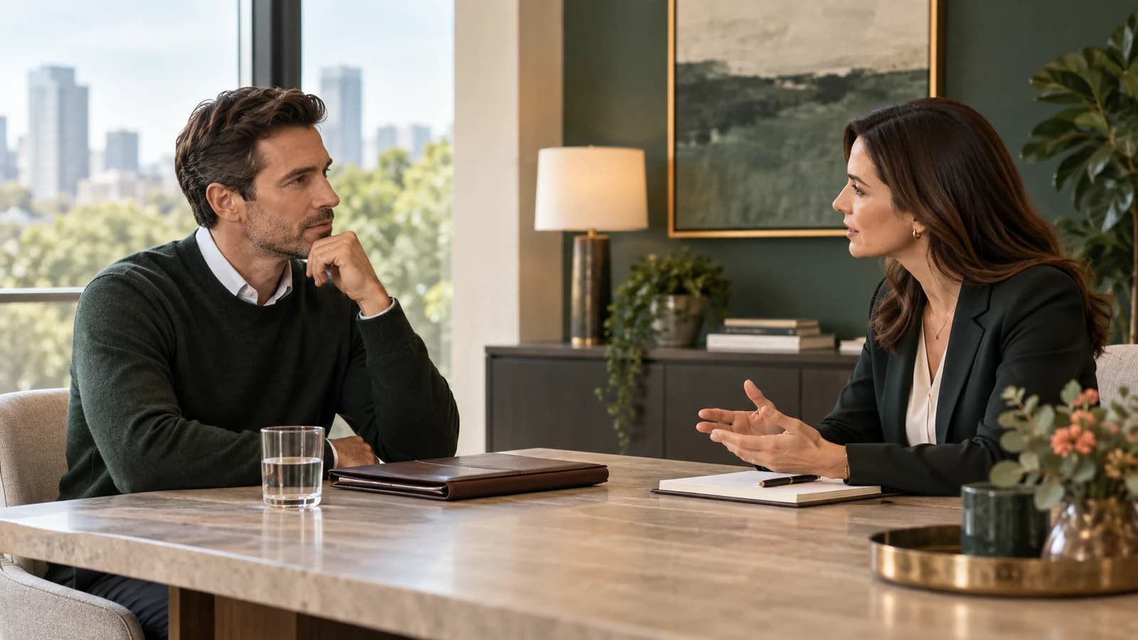 A man listening during a calm private consultation with a family lawyer
